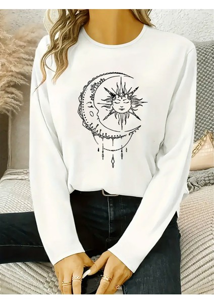 Kadın Uzun Kollu Bisiklet Yaka Ay Baskılı Viskon Bluz