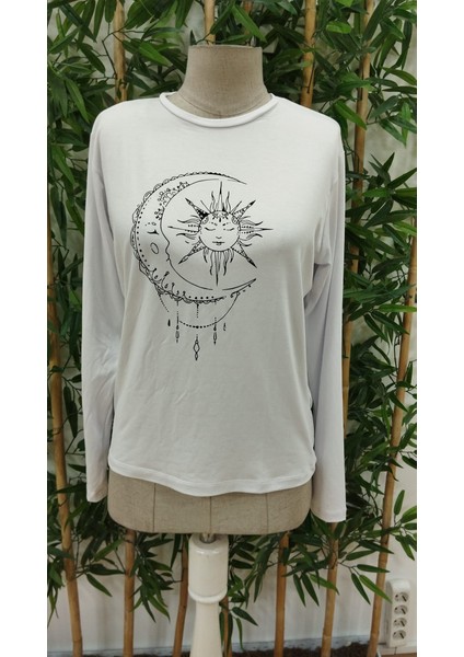 Kadın Uzun Kollu Bisiklet Yaka Ay Baskılı Viskon Bluz fiyatları