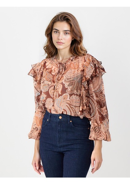 Kahverengi Yuvarlak Yaka Uzun Kollu Desenli Şifon Bluz modelleri