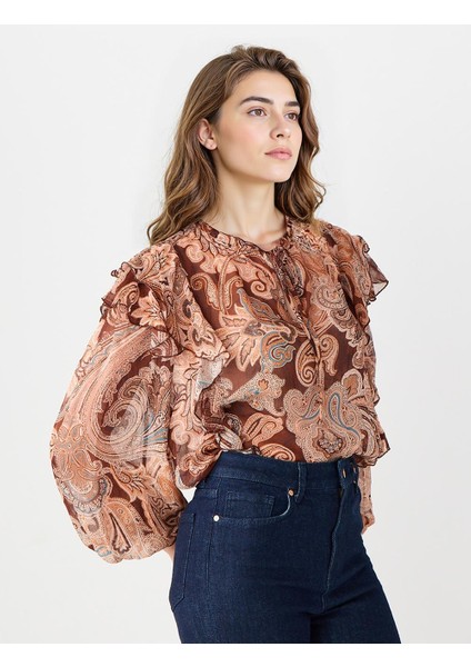Kahverengi Yuvarlak Yaka Uzun Kollu Desenli Şifon Bluz fırsatları