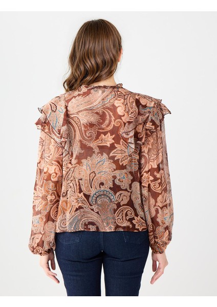 Kahverengi Yuvarlak Yaka Uzun Kollu Desenli Şifon Bluz indirimleri