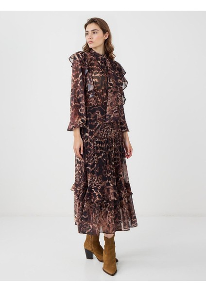 Acı Kahve Boyundan Bağlı Uzun Kollu Desenli Şifon Midi Elbise modelleri