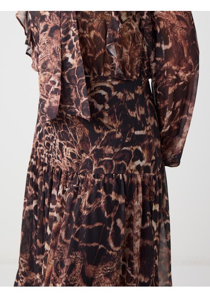 Acı Kahve Boyundan Bağlı Uzun Kollu Desenli Şifon Midi Elbise fırsatları