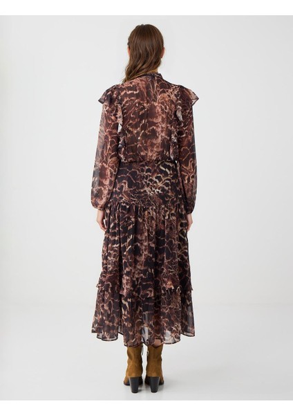 Acı Kahve Boyundan Bağlı Uzun Kollu Desenli Şifon Midi Elbise indirimleri