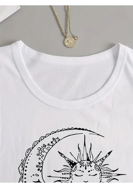 Kadın Uzun Kollu Bisiklet Yaka Ay Baskılı Viskon Bluz