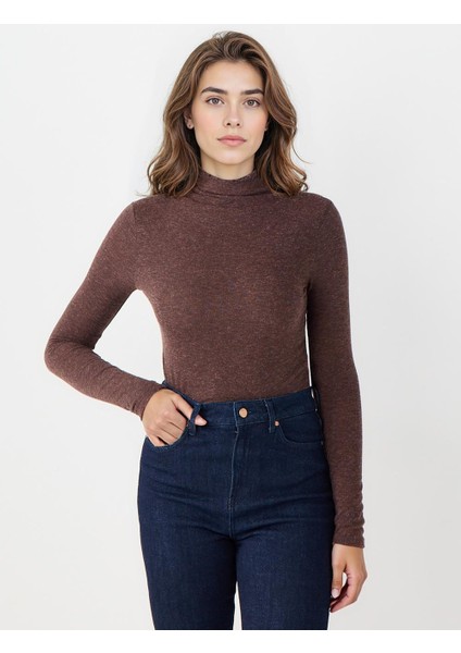 Acı Kahve Yarım Balıkçı Yaka Dar Kesim Basic Örme Bluz
