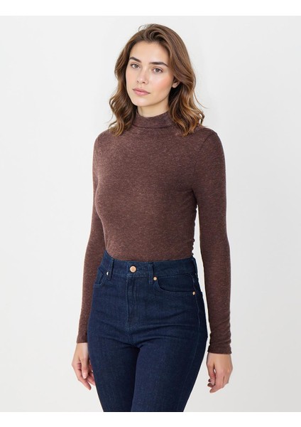 Acı Kahve Yarım Balıkçı Yaka Dar Kesim Basic Örme Bluz modelleri