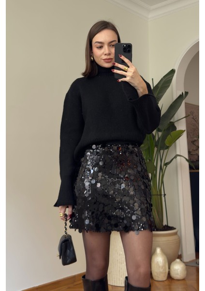 Kolları Yırtmaçlı Triko Kazak- Siyah indirimleri