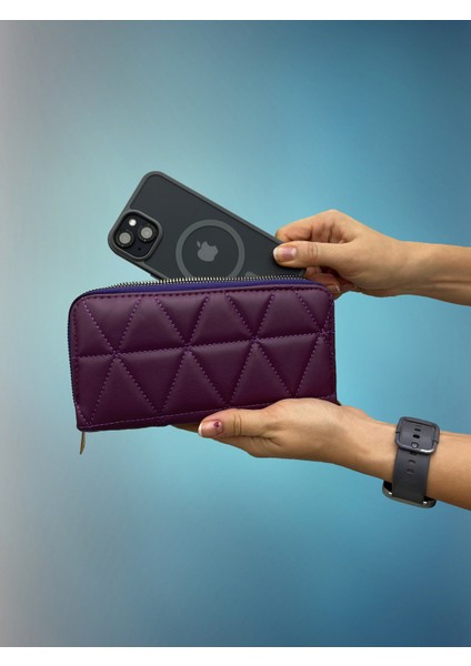 Büyükboy Kadın Çift Fermuarlı Telefon Bölmeli Deri El Çantası Cüzdan Mürdüm Mor