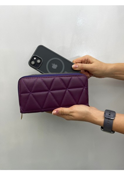 Büyükboy Kadın Çift Fermuarlı Telefon Bölmeli Deri El Çantası Cüzdan Mürdüm Mor fiyatları