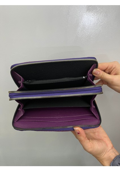 Büyükboy Kadın Çift Fermuarlı Telefon Bölmeli Deri El Çantası Cüzdan Mürdüm Mor modelleri