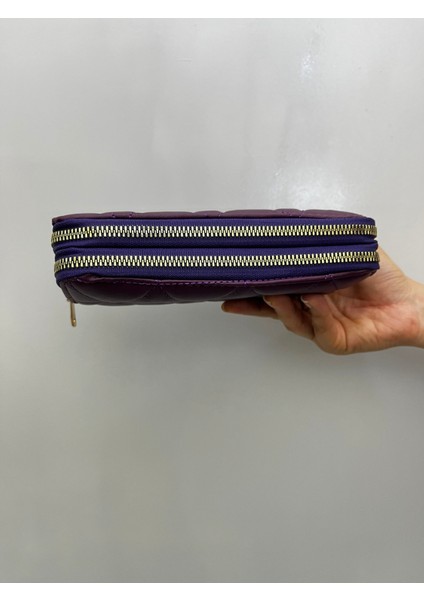 Büyükboy Kadın Çift Fermuarlı Telefon Bölmeli Deri El Çantası Cüzdan Mürdüm Mor fırsatları