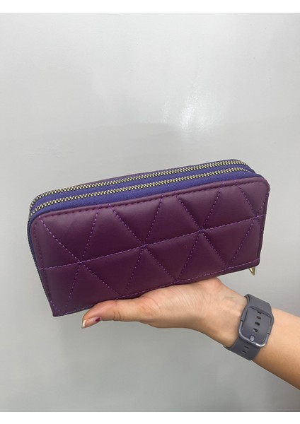 Büyükboy Kadın Çift Fermuarlı Telefon Bölmeli Deri El Çantası Cüzdan Mürdüm Mor