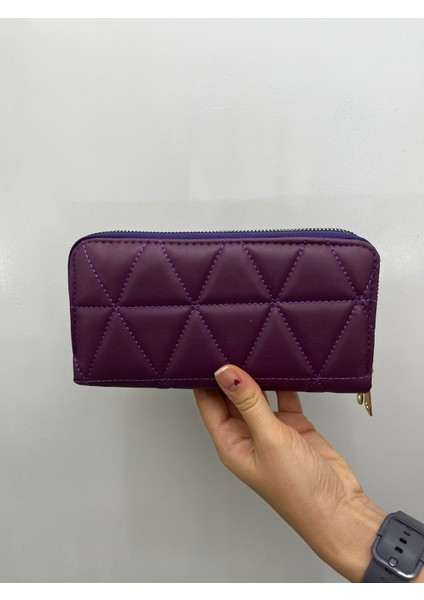 Büyükboy Kadın Çift Fermuarlı Telefon Bölmeli Deri El Çantası Cüzdan Mürdüm Mor