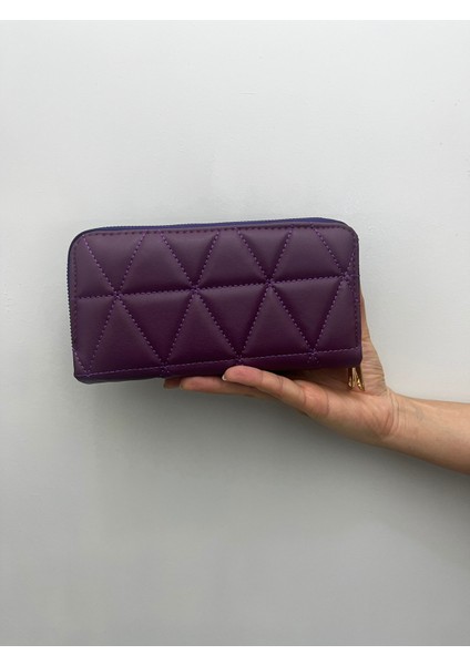 Büyükboy Kadın Çift Fermuarlı Telefon Bölmeli Deri El Çantası Cüzdan Mürdüm Mor