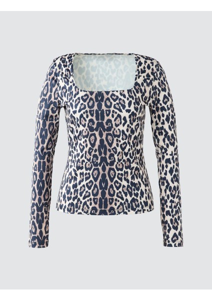 Vizon Kare Yaka Uzun Kollu Leopar Desenli Örme Bluz