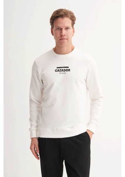 Slim Fit Şardonsuz Pamuklu 3 Iplik Ekru Erkek Sweatshirt 53980