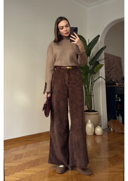 Kadife Palazzo Pantolon- Kahverengi fiyatları
