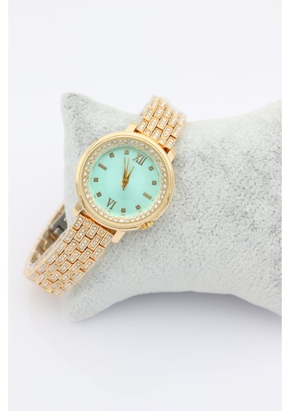 Stil Incisi Gold Luxury Watch, Yeşil Zirkon Taşlı Çelik Saat
