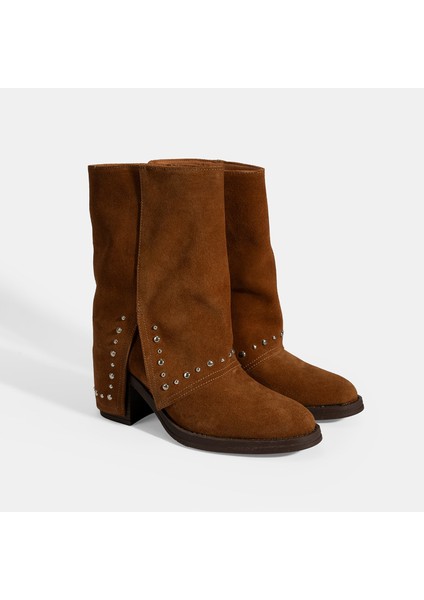 Kadın Taba Zımba Detaylı Kalın Topuklu Süet Bot