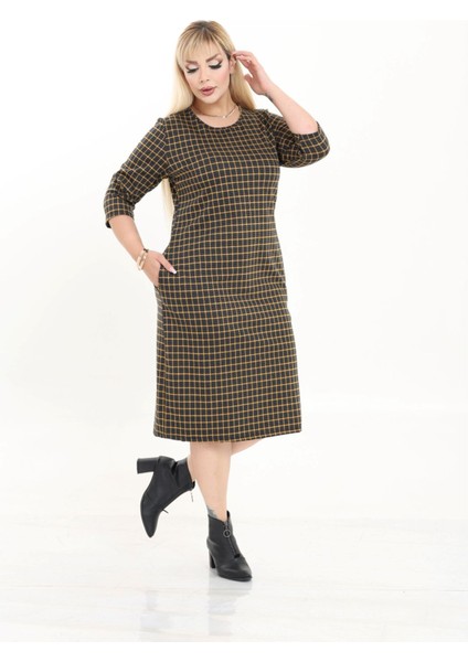 Çift Cepli Desenli Esnek Kışlık Büyük Beden Midi Elbise 30A-2724