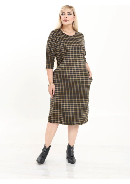 Çift Cepli Desenli Esnek Kışlık Büyük Beden Midi Elbise 30A-2724 fiyatları