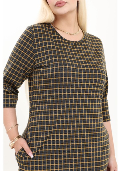 Çift Cepli Desenli Esnek Kışlık Büyük Beden Midi Elbise 30A-2724 modelleri