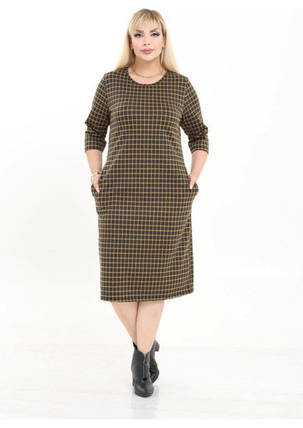 Çift Cepli Desenli Esnek Kışlık Büyük Beden Midi Elbise 30A-2724 fırsatları