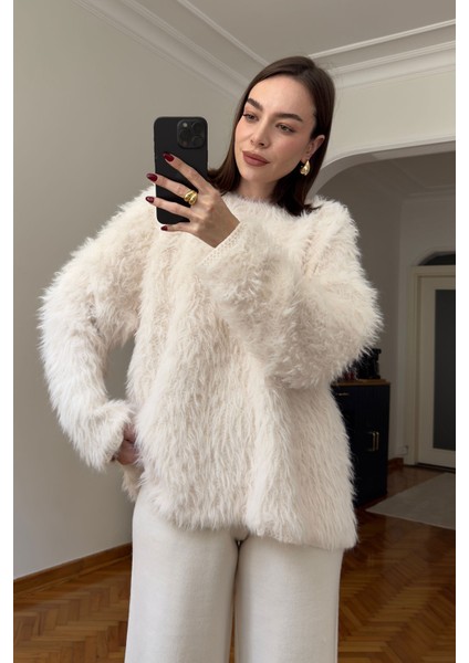 Premium Bisiklet Yaka Sakallı Kazak- Ekru