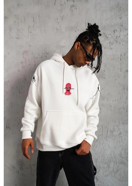 Erkek Oversize Üç Iplik Kapüşonlu Sweatshirt – “don’t Be Terrified” Ön, Sırt ve Kol Baskılı, Kanguru Cepli, Ribanalı Rahat Model - Beyaz modelleri