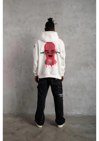 Erkek Oversize Üç Iplik Kapüşonlu Sweatshirt – “don’t Be Terrified” Ön, Sırt ve Kol Baskılı, Kanguru Cepli, Ribanalı Rahat Model - Beyaz indirimleri