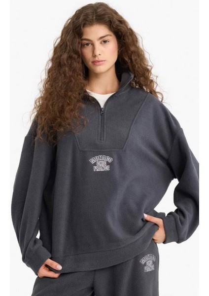 Oversize Dik Yaka Fermuarlı Baskılı Polar Antrasit Kadın Sweatshirt Y2649AZ/AR191 modelleri