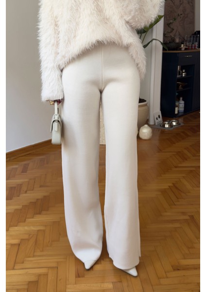Beli Lastikli Triko Pantolon- Ekru