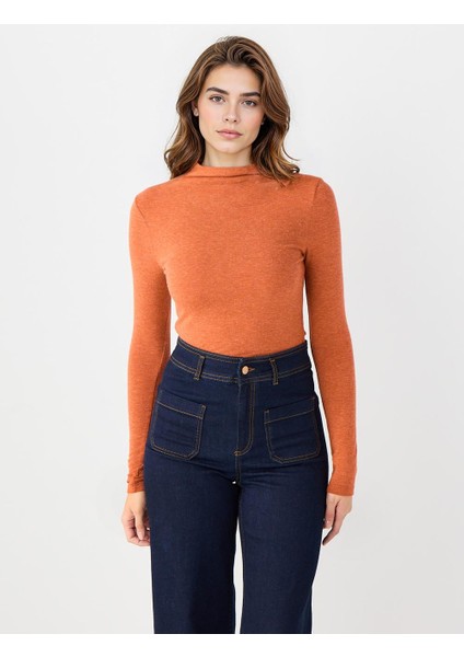 Kıremıt Yarım Balıkçı Yaka Dar Kesim Basic Örme Bluz