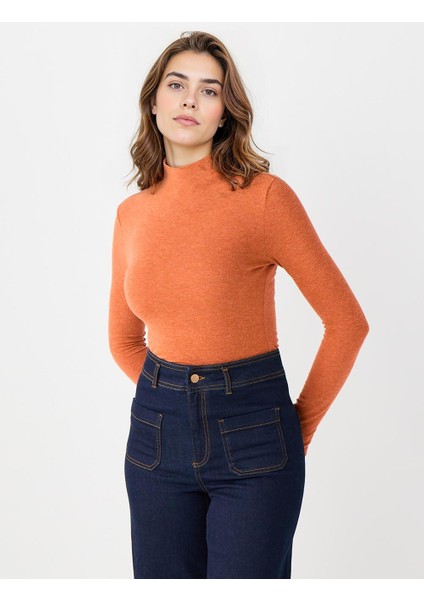 Kıremıt Yarım Balıkçı Yaka Dar Kesim Basic Örme Bluz modelleri