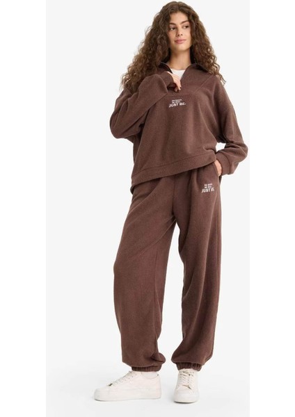 Standart Fit Beli Bağcıklı Cepli Polar Kahverengi Kadın Eşofman Altı Y2650AZ/BN258