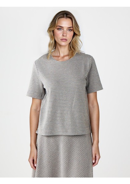 Taba Yuvarlak Yaka Kısa Kollu Ekose Desenli Bluz