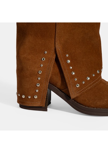 Kadın Taba Zımba Detaylı Kalın Topuklu Süet Bot