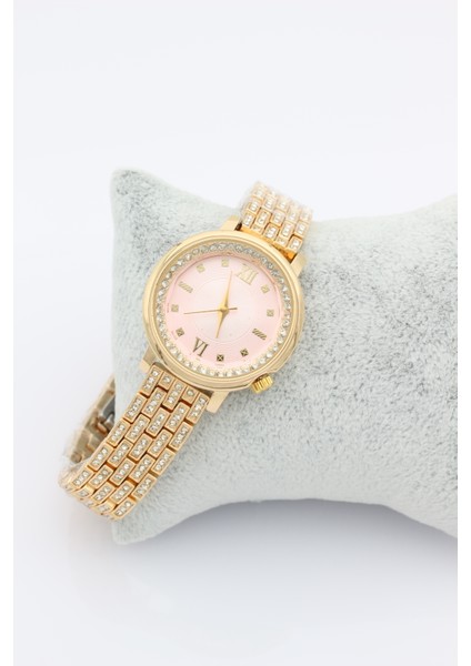 Stil Incisi Gold Luxury Watch, Pembe Zirkon Taşlı Çelik Saat