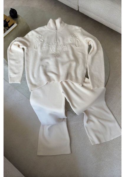 Fermuarlı Süzene Nakışlı Triko Kazak- Ekru modelleri