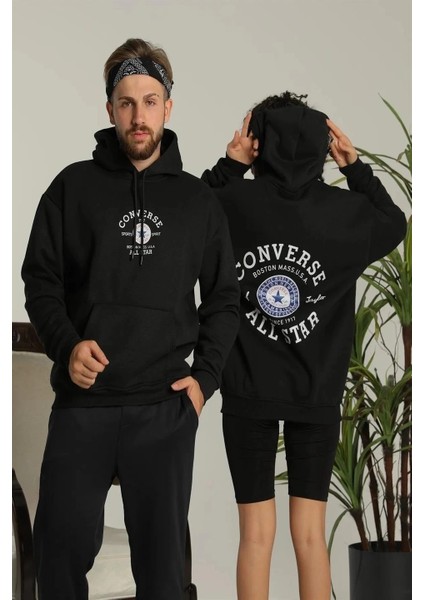 Unisex Oversize Üç Iplik Şardonlu Kapüşonlu Sweatshirt – All Star Ön ve Arka Baskılı, Kanguru Cepli, Rahat Kalıp Kışlık Model - Siyah modelleri