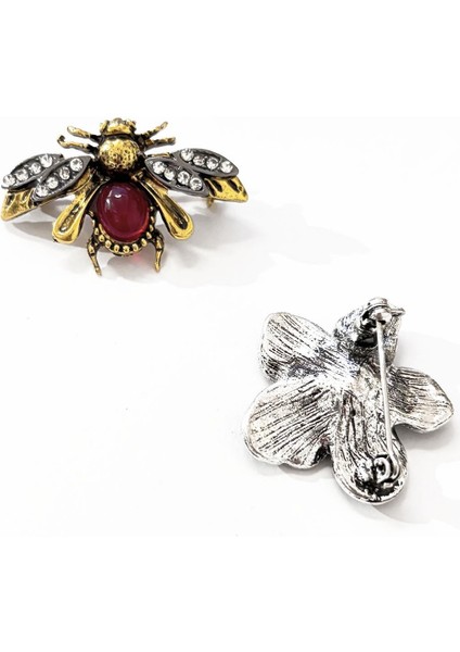 Marka Broş Seti – Vintage Arı ve Çiçek Tasarımlı Taşlı Metal Broş 2’li Set indirimleri