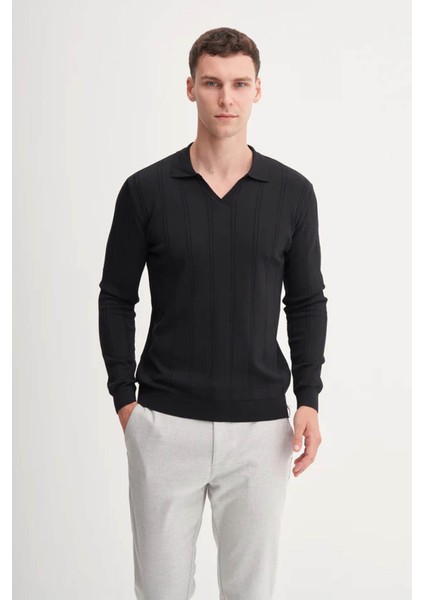 Slim Fit Rayon Karışımlı Premium Polo Yaka Siyah Erkek Kazak 33045