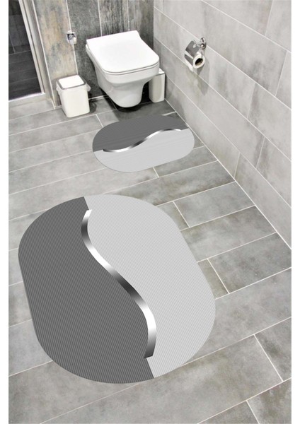 Su Emici Yumuşak Kaymaz Sünger Dolgulu Yıkanabilir Dekoratif Banyo Paspası Takımı 1154TEKÇİZGİOVAL