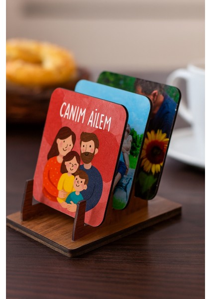 Kişiye Özel Baskılı 6'lı Set Ahşap Bardak Altlığı / Ahşap Stand Hediye / Hediyelik fiyatları