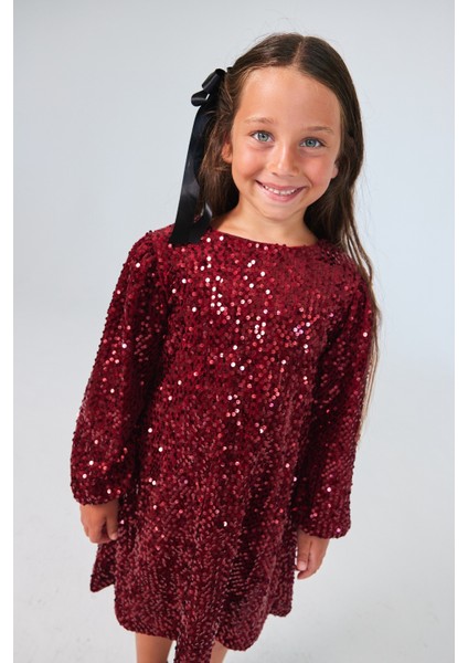 Bordo Üzeri Pullu Kadife Kız Çocuk Elbise - Oriel