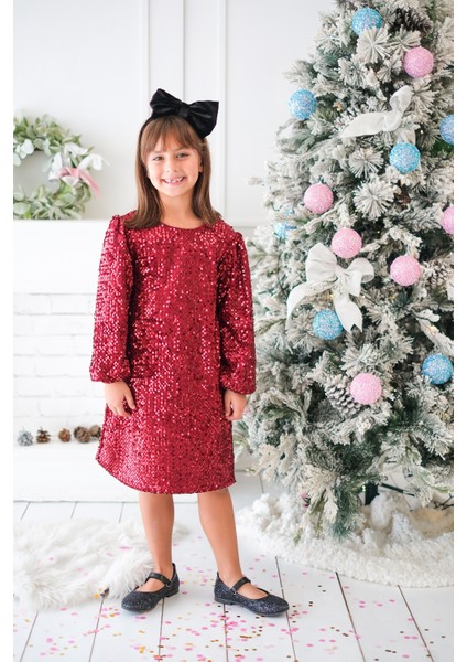 Bordo Üzeri Pullu Kadife Kız Çocuk Elbise - Oriel