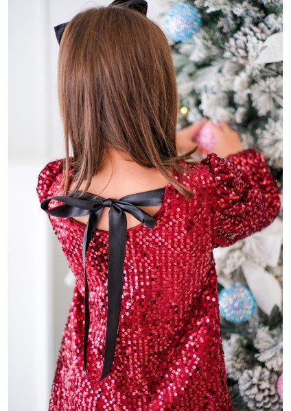 Bordo Üzeri Pullu Kadife Kız Çocuk Elbise - Oriel