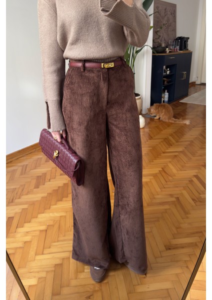 Kadife Palazzo Pantolon- Kahverengi fırsatları