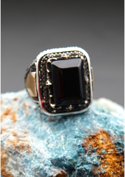 925 Ayar Gümüş Erkek Oltu Taşı Yüzük SY00089